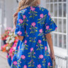Blue V Neck Short Sleeve Loose Flower Dress