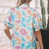Multicolour Vibrant Paisley Printed Button Keyhole Puff Sleeve Blouse