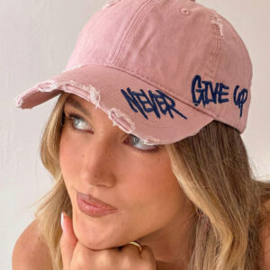Light Pink NEVER GIVE UP Cotton Distressed Baseball Cap