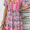 Pink Bohemian Print Tie Neck Ruffle Hem Short Dress