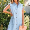 Sail Blue Ruffled Edge Collared Shift Denim Dress with Pockets