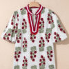 White Plus Size Floral Print Ricrac Striped Trim Short Sleeve Cotton Blouse