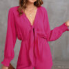 Rose Tie Knot V Neck Puff Long Sleeve Romper
