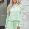 101729782-6dec266e1e672fa2.jpg Green Gingham Long Sleeve Loose Top Drawstring Shorts 2pcs Lounge Set