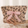 Camel Ribbon Bow Leopard Print Ribbed Cloth Makeup Bag