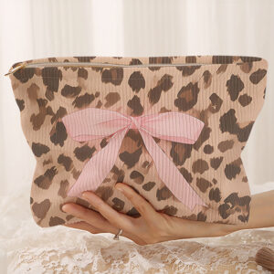 Camel Ribbon Bow Leopard Print Ribbed Cloth Makeup Bag