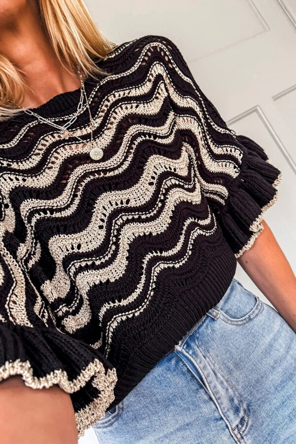 101804525-6e75ed4af69b1c7a.jpg Black Stripe Wavy Crochet Eyelet Detail Ruffle Half Sleeve Sweater