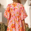 Pink Striped Floral Print Tie Neck Puff Sleeve Loose Mini Dress