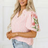 Pink Stripe Print Floral Embroidered Puff Sleeve V Neck Blouse