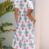Sky Blue Floral Puff Short Sleeve V Neck High Waist Maxi Dress