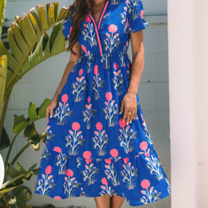 Sky Blue Floral Puff Short Sleeve V Neck High Waist Maxi Dress