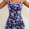 Blue Crossed Back Floral Print Asymmetric Knot Side One Piece Swimsuit