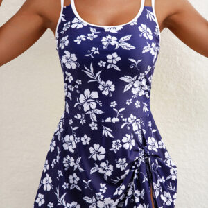 Blue Crossed Back Floral Print Asymmetric Knot Side One Piece Swimsuit