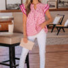 Rose Stripe Shirred Yoke Ruffled Short Sleeve Blouse