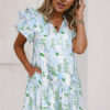Sky Blue Floral Contrast Edge Layered Short Sleeve Mini Dress