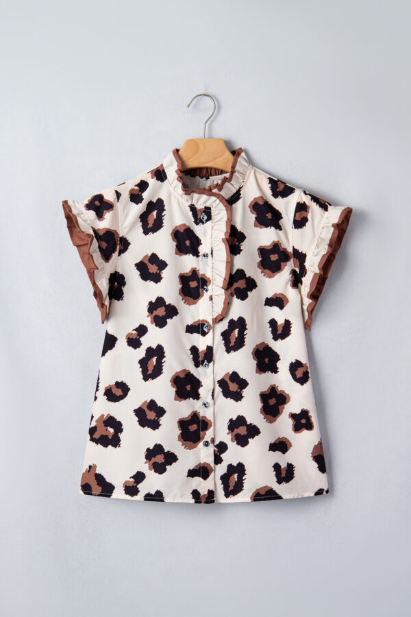 Khaki Leopard Printed Ruffle Sleeve Summer Blouse