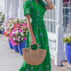 White Floral Print Split Neck Shirred High Waist Ruffle Hem Maxi Dress