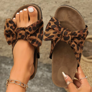 Coffee Leopard Bow Retro Cork Slippers