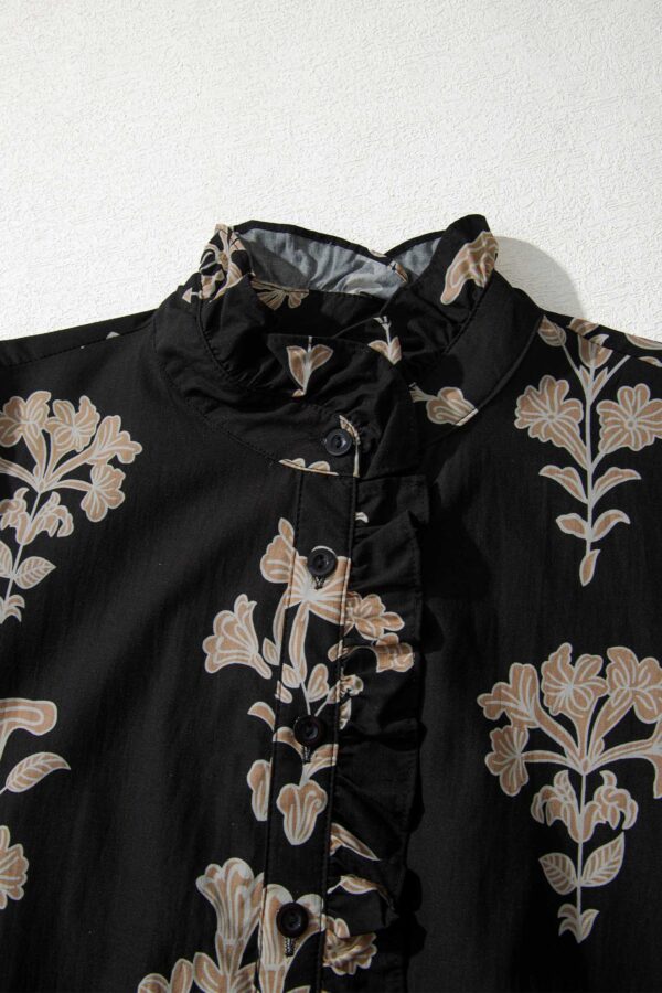 Black Floral Print Frilled Collar Short Puff Sleeve Maxi Dress
