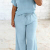 Mist Blue Solid Color Ribbed Trim Short Sleeve Top Drawstring Loose Pants 2pcs Outfit