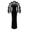 Feather Design Long Sleeve Soft Velvet Dress