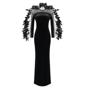 Feather Design Long Sleeve Soft Velvet Dress