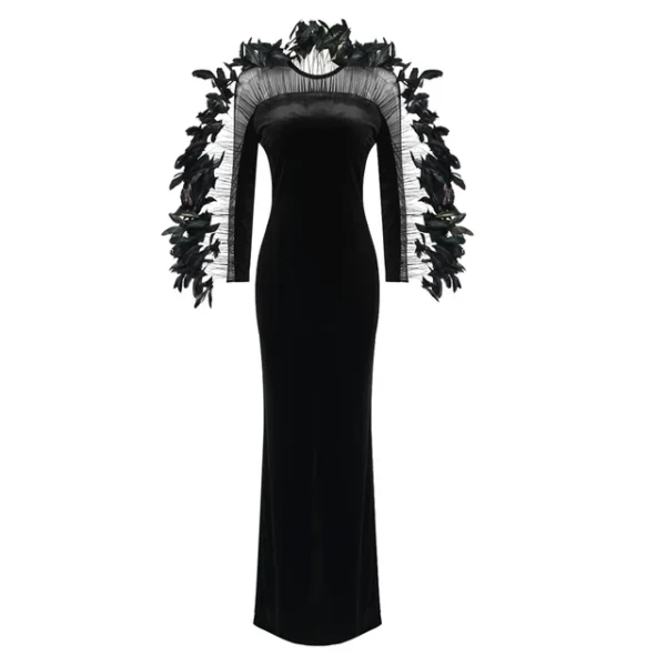 Feather Design Long Sleeve Soft Velvet Dress