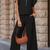 Apricot Textured Ruffled Sleeve Zipped Top and Wide Leg Pants Set