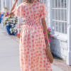 Pink Polka Dot Printed Ruffle Short Sleeve Zip Up Long Dress