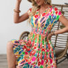 Sky Blue Abstract Print V Neck Dolman Sleeve Ruffle Tiered Mini Dress