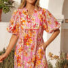 Pink Striped Floral Print Tie Neck Puff Sleeve Loose Mini Dress