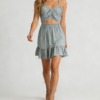 Women's fashionable V-neck cutout waist gathered back halter neck dress