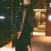 Feather Design Long Sleeve Soft Velvet Dress