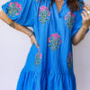 Blue Flower Embroidered Split Neck Short Puff Sleeve Ruffle Hem Dress