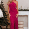 Pitaya Pink One Shoulder Thigh High Split Bodycon Sequin Gown