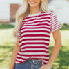 Red Stripe Patchwork Round Neck T Shirt