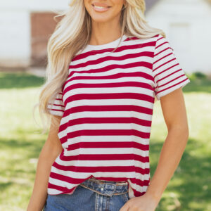 Red Stripe Patchwork Round Neck T Shirt