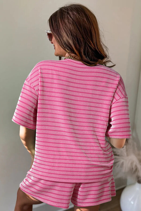 Rose Stripe Raised Rib Loose Tee Drawstring Elastic Waist 2pcs Short Set