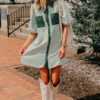 Green Patch Pockets Button Down Short Puff Sleeve Dress