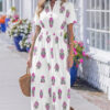 White Floral Print Split Neck Shirred High Waist Ruffle Hem Maxi Dress