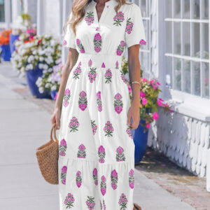 White Floral Print Split Neck Shirred High Waist Ruffle Hem Maxi Dress