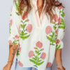 Green Casual Wild Flower Print V Neck 3/4 Sleeve Blouse