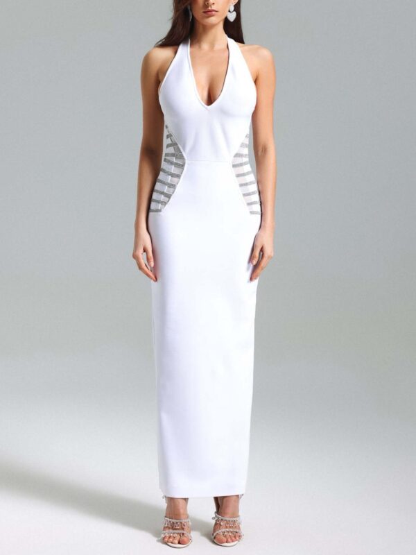 White hanging neck V-neck mesh elegant slim party evening dress