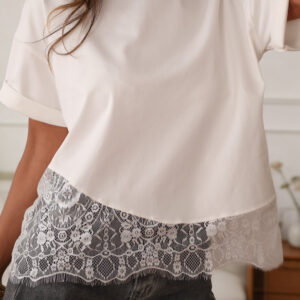 White Asymmetric Lace Hem Patchwork Tee