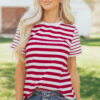Red Stripe Patchwork Round Neck T Shirt
