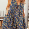 Blue Retro Floral Print Bow Tie V Neck Sleeveless Pleated Loose Denim Romper