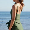 Mist Green Side Tied Waist Square Neck Adjustable Straps A-line One Piece Swim Dress