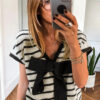 Black Stripe Bow Applique Short Sleeve Sweater