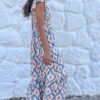 Sky Blue Ethnic Geometric Print Square Neck Smocked High Waist Ruffle Sleeve Dress