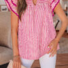 Rose Stripe Shirred Yoke Ruffled Short Sleeve Blouse